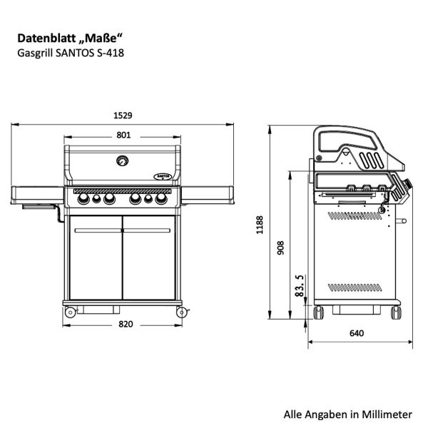 SANTOS S-418 mit Seiten- & Heckbrenner, Edelstahl inkl. Drehspieß, Rostheber & Silikonablage – Bild 6