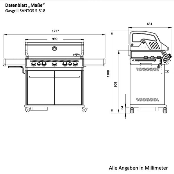 SANTOS S-518 mit Seiten- & Heckbrenner, Edelstahl inkl. Drehspieß, Rostheber & Silikonablage – Bild 6