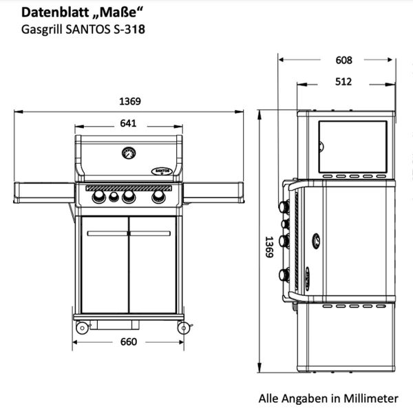 Santos Gasgrill S-318 Seiten- & Heckbrenner, All Black inkl. Drehspieß, Rostheber & Silikonablage – Bild 5