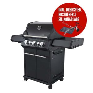 Santos Gasgrill S-318 Seiten- & Heckbrenner, All Black inkl. Drehspieß, Rostheber & Silikonablage