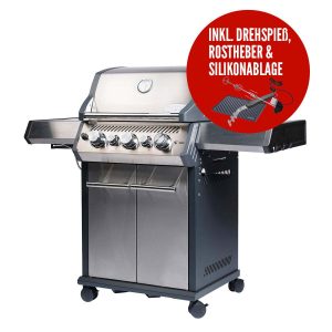 SANTOS Gasgrill S-318 | Seiten- & Heckbrenner, Edelstahl inkl. Drehspieß, Rostheber & Silikonablage (Kopie)