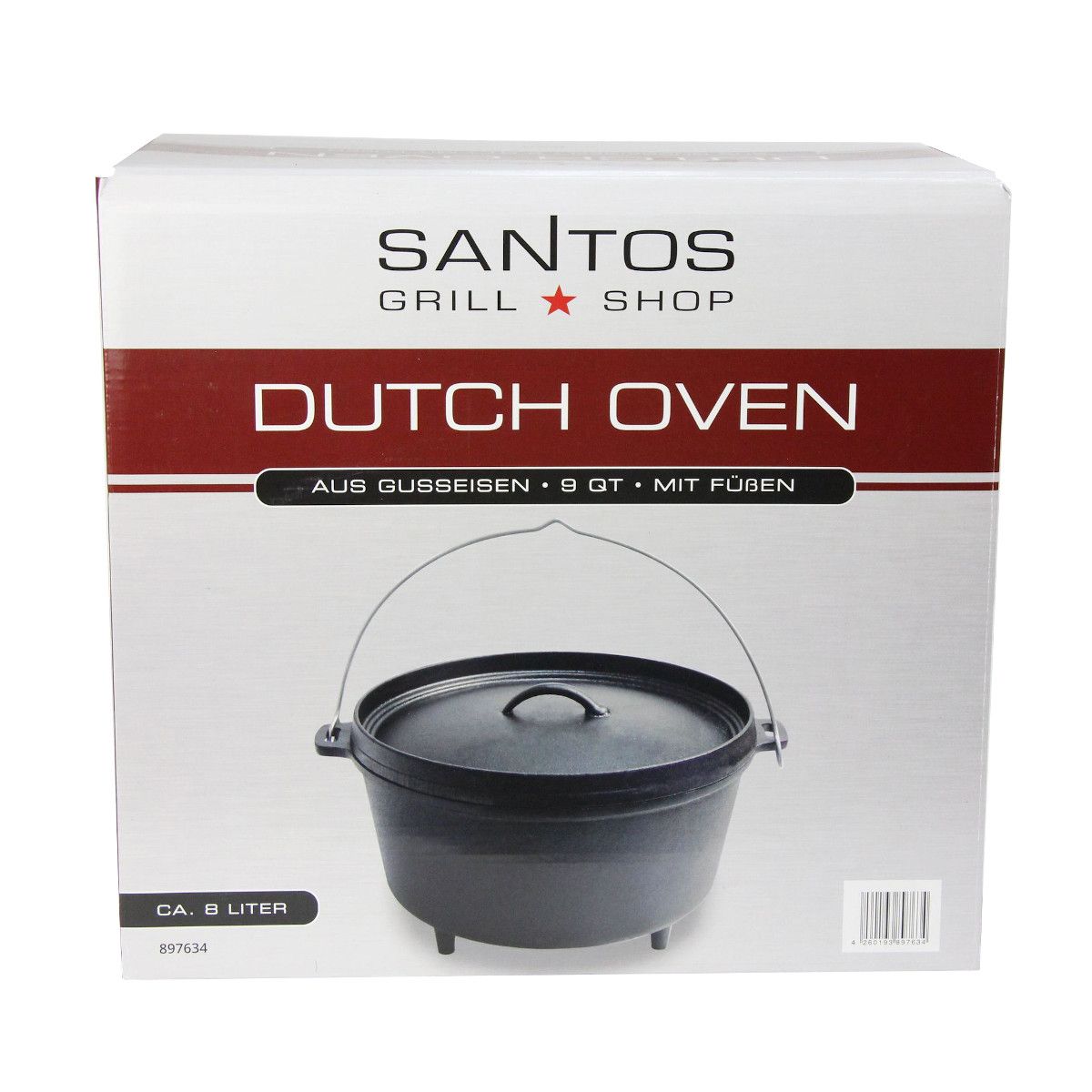 SANTOS Dutch Oven Feuertopf Schmortopf Camp Oven ca. 8 Liter / 9 Qt mit Füßen – Bild 4